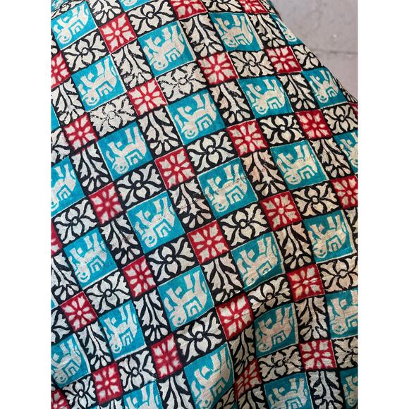 Vintage Mid Century Elephant Silk Scarf Indian Block Print Tile Print Turquoise - Picture 4 of 10